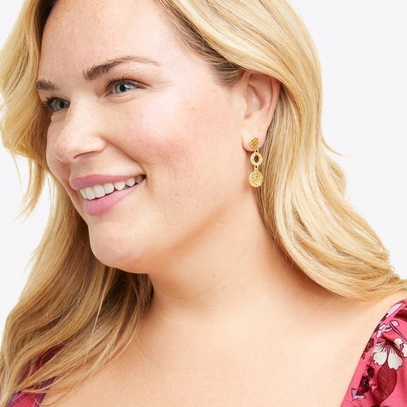 Draper James 12K Shiny Gold Plated Brass Hammered Disc Drop Earrings - Picture 2 of 4